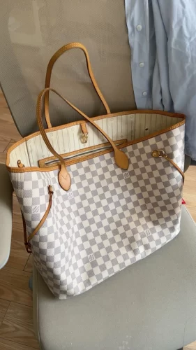 Click to view full screen Louis Vuitton N40603 Neverfull MM Rose Ballerine Damier Azur Canvas photo review